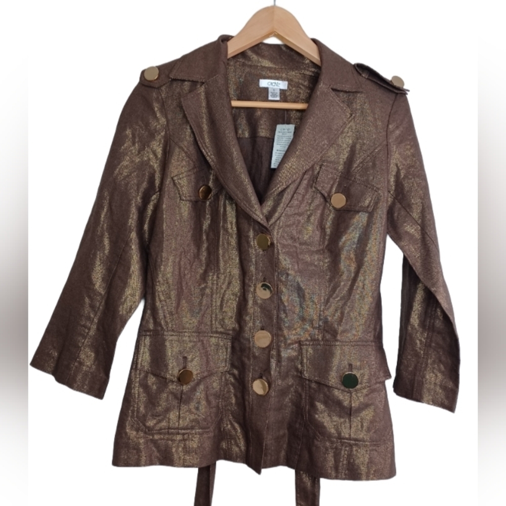 NWT Cache Mob Wife Sz S Metallic Gold Button Front Belted Linen Blend Jacketed. - Picture 3 of 15